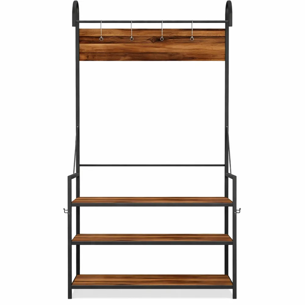 Appendiabiti da Ingresso con Panca e Scarpiera a 2 Livelli, 10 Ganci Mobili, Design Industriale, 80x40x182 cm