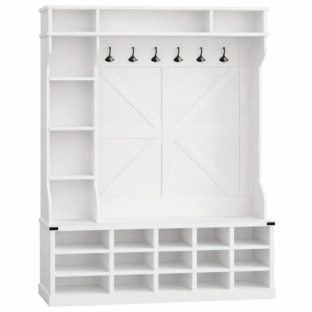 Attaccapanni con Panca Scarpiera e Ripiani Regolabili, 20 Scomparti e 6 Ganci