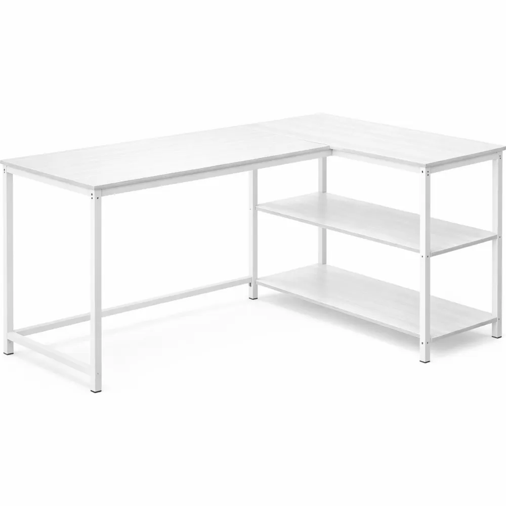 Scrivania Angolare Reversibile con Cassetti e Scaffali, 120x68cm, Tavolo Multifunzionale per Casa e Ufficio, Bianco