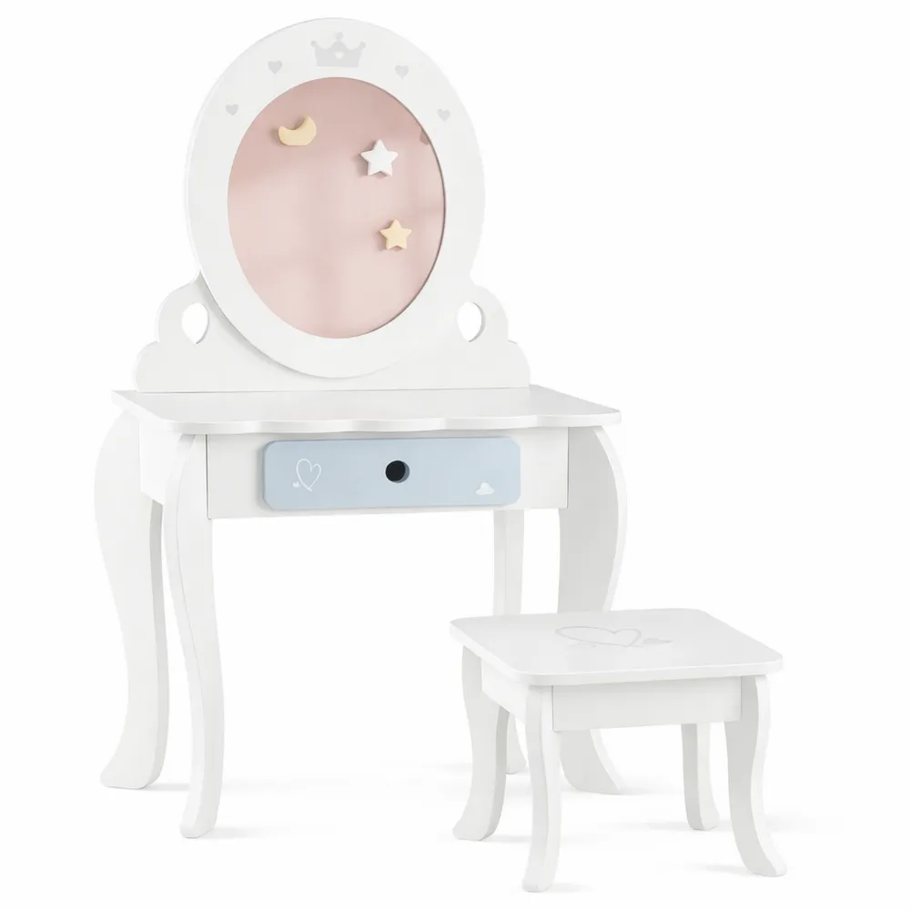 Toeletta per Bambini con Specchio e Accessori, Set da Gioco con Sgabello per Bambine 3+ Anni