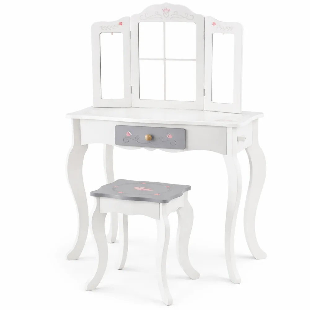 Tavolino Trucco per Bambina con Specchio e Accessori, Sgabello Incluso, per Bambini 3+ Anni