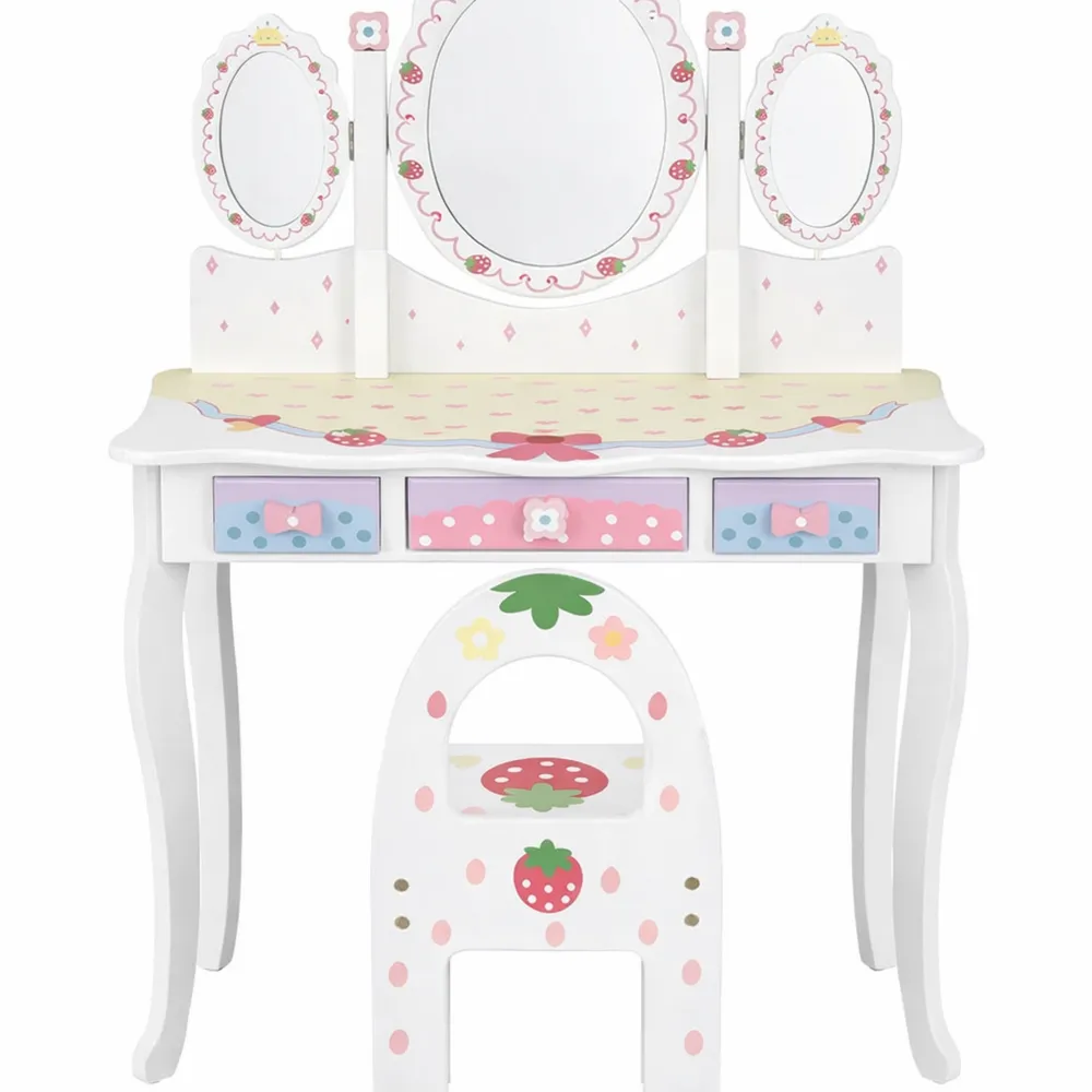 Toeletta per Bambina con Sgabello, Set di Vanity in Legno Bianco con Specchi Pieghevoli e Cassetti