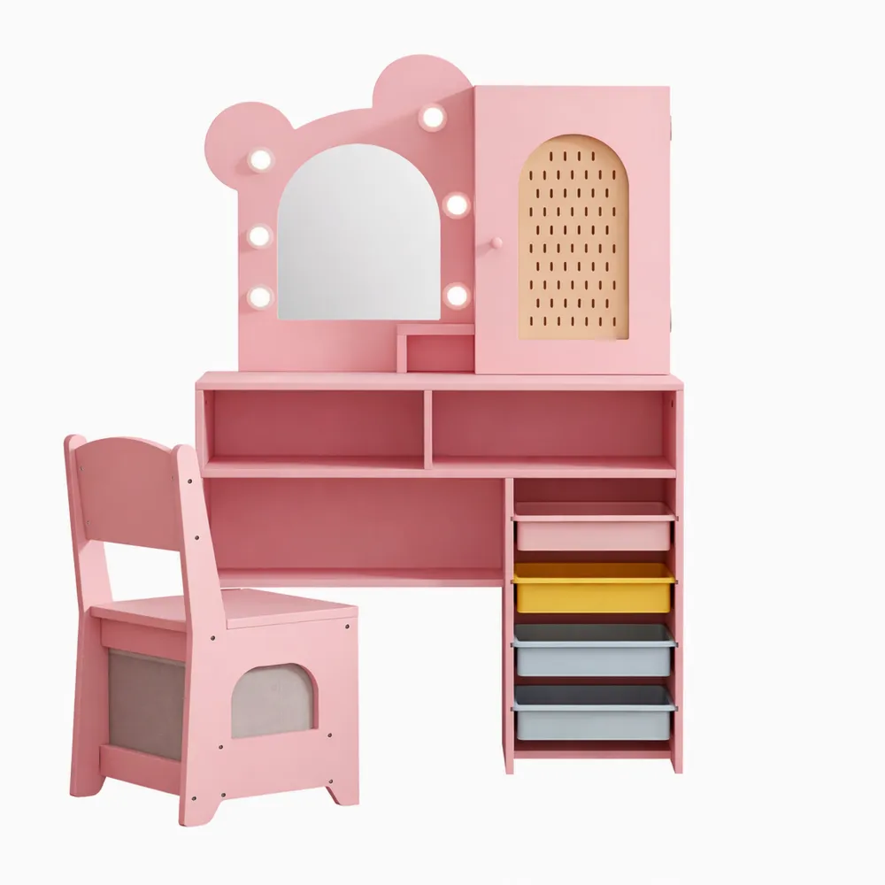 Toeletta per Bambini con Luci Regolabili, Set Tavolo e Sedia con Cassetti e Scomparti, Postazione Trucco Gioco 3+ Anni