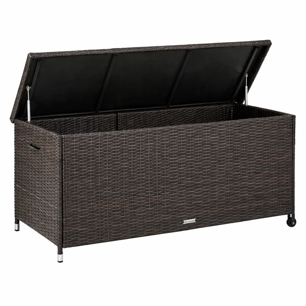 Box Contenitore da Esterno in Polyrattan con Maniglie e Rotelle, 270 L