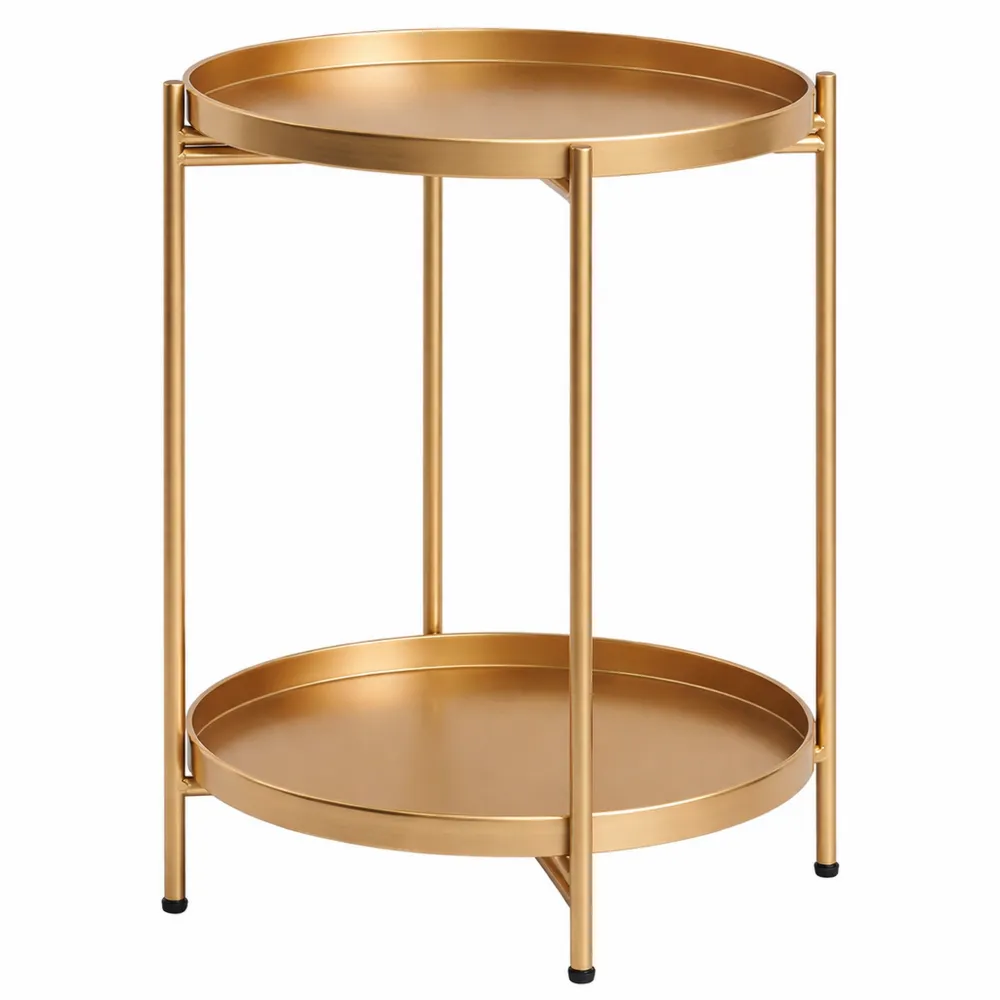 Tavolino Basso Rotondo in Metallo con Doppi Ripiani per Interni ed Esterni