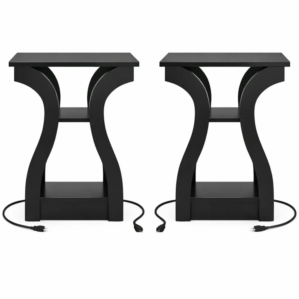 Set di Tavolini da Salotto con Prese e Porte USB Tipo C, Tavolini Laterali a 3 Ripiani in Legno