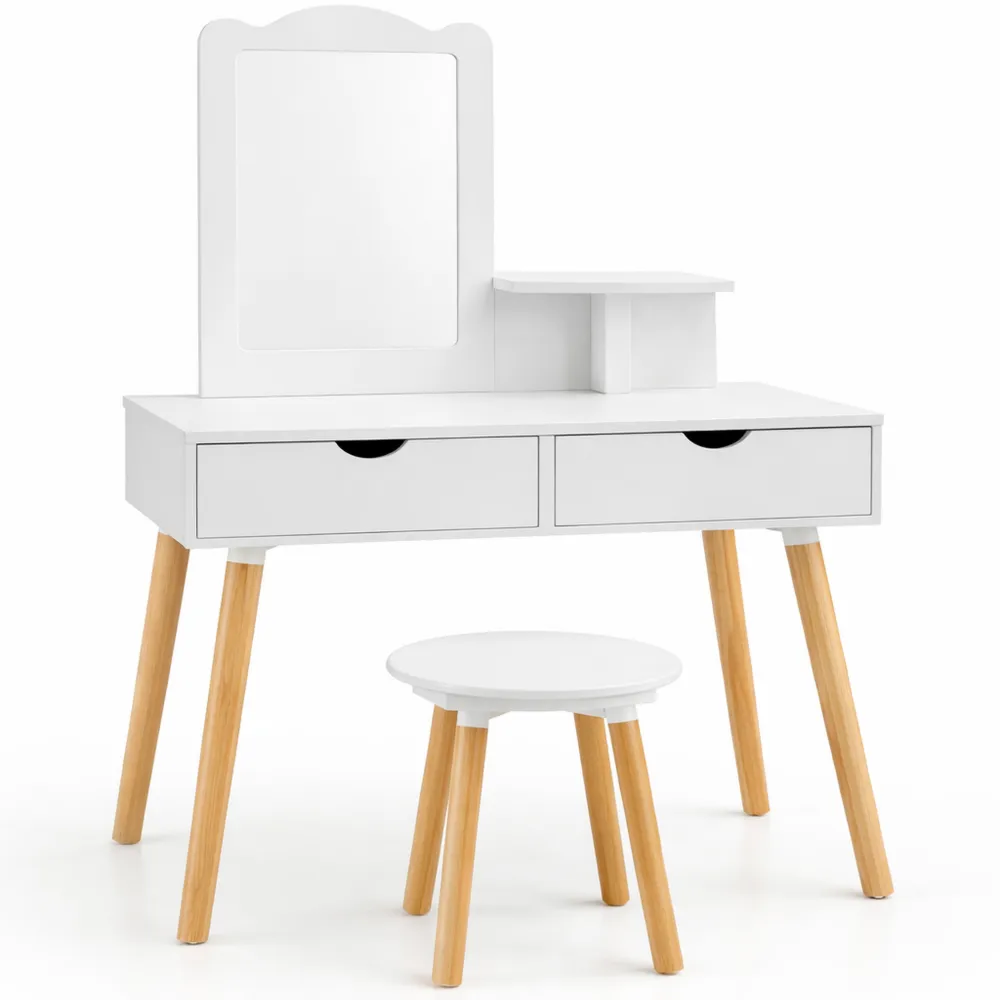 Set toeletta per bambini con sgabello e specchio rimovibile, legno, 2 cassetti, accessori inclusi, dai 3 ai 7 anni