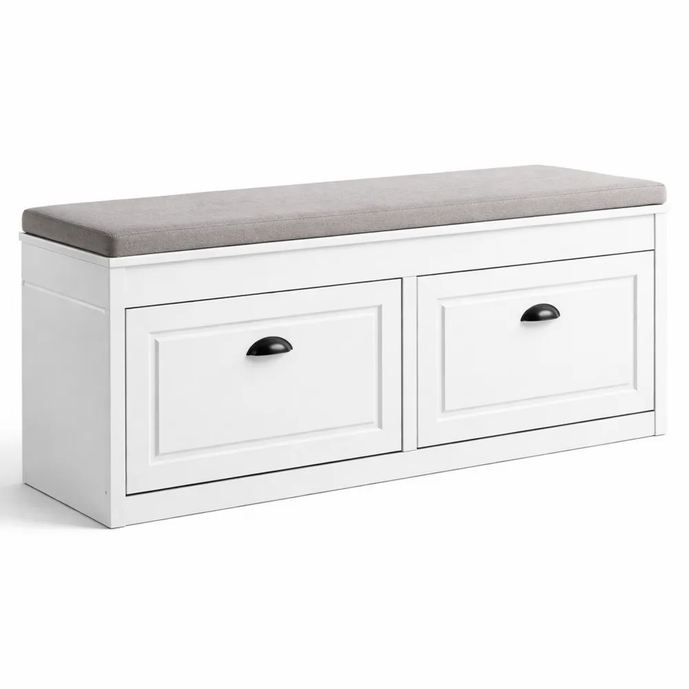 Scarpiera Salvaspazio con Seduta e Contenitore in Legno, 104x24x54cm Effetto Invecchiato Bianco