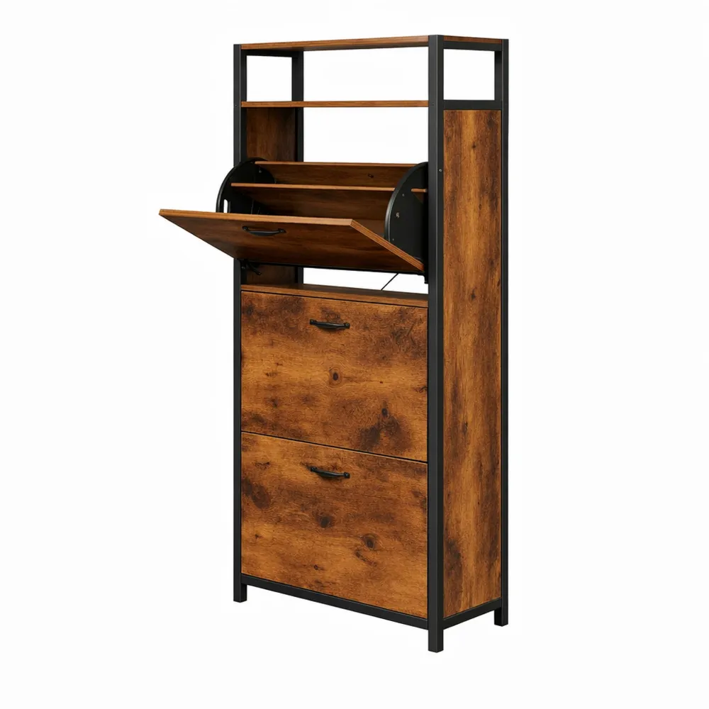 Scarpiera Alta a 3 Scomparti Ribaltabili, Organizzatore per 12-18 Paia di Scarpe, Antipolvere, 30 x 60 x 130 cm, Marrone Vintage e Nero