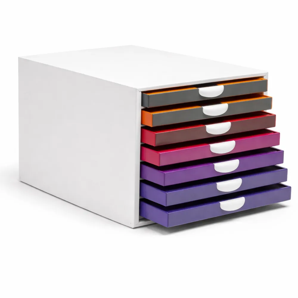 Cassettiera da scrivania con 10 cassetti colorati e porta etichetta