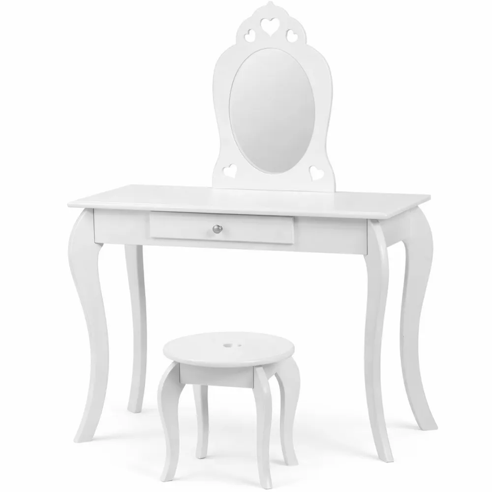 Toeletta per Bambina con Sgabello, Tavolo da Trucco con Specchio Rimovibile e Cassetto, Ideale per Cameretta