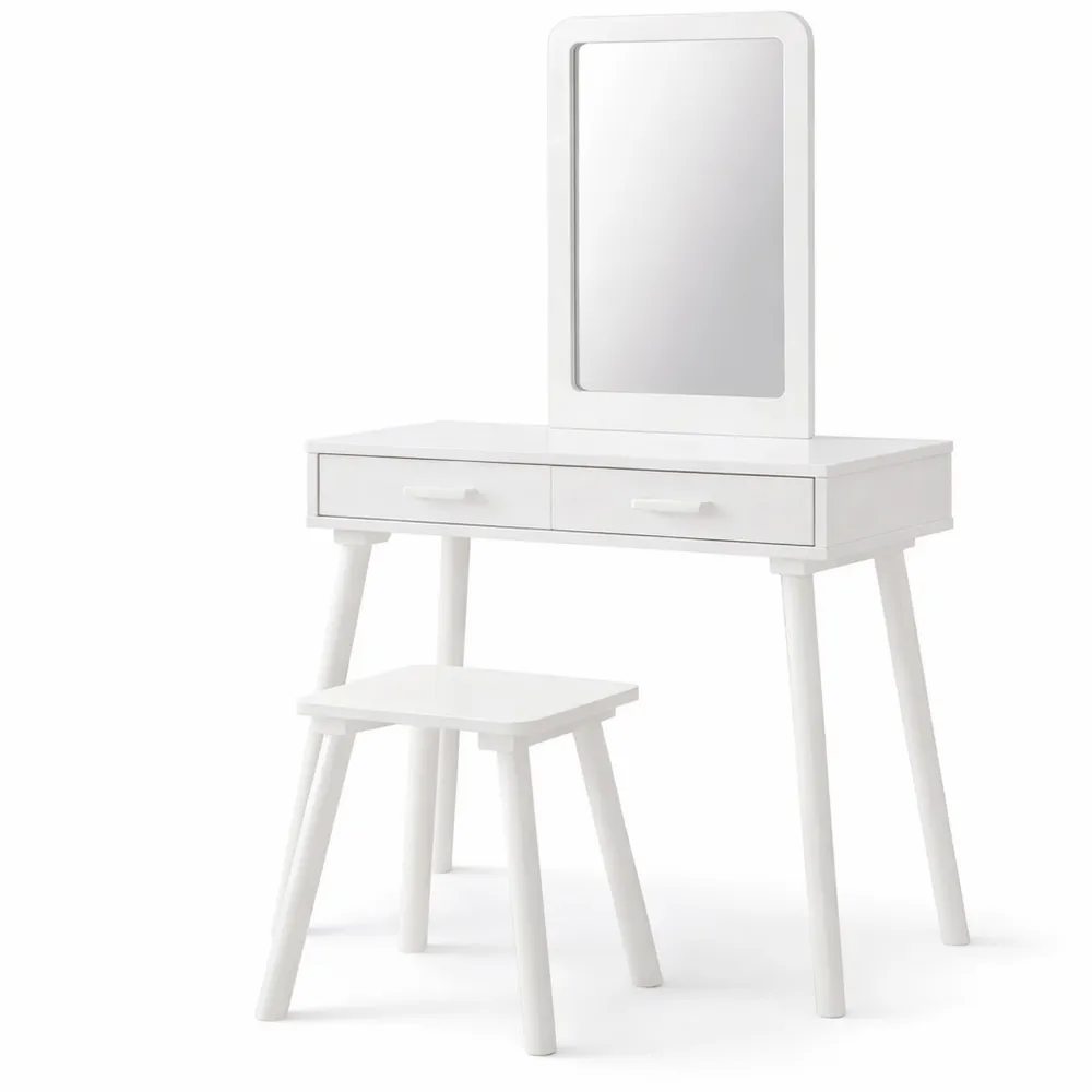 Tavolo da Trucco per Bambini con Specchio e Sgabello, Toeletta in Legno con Cassetti e Adesivi
