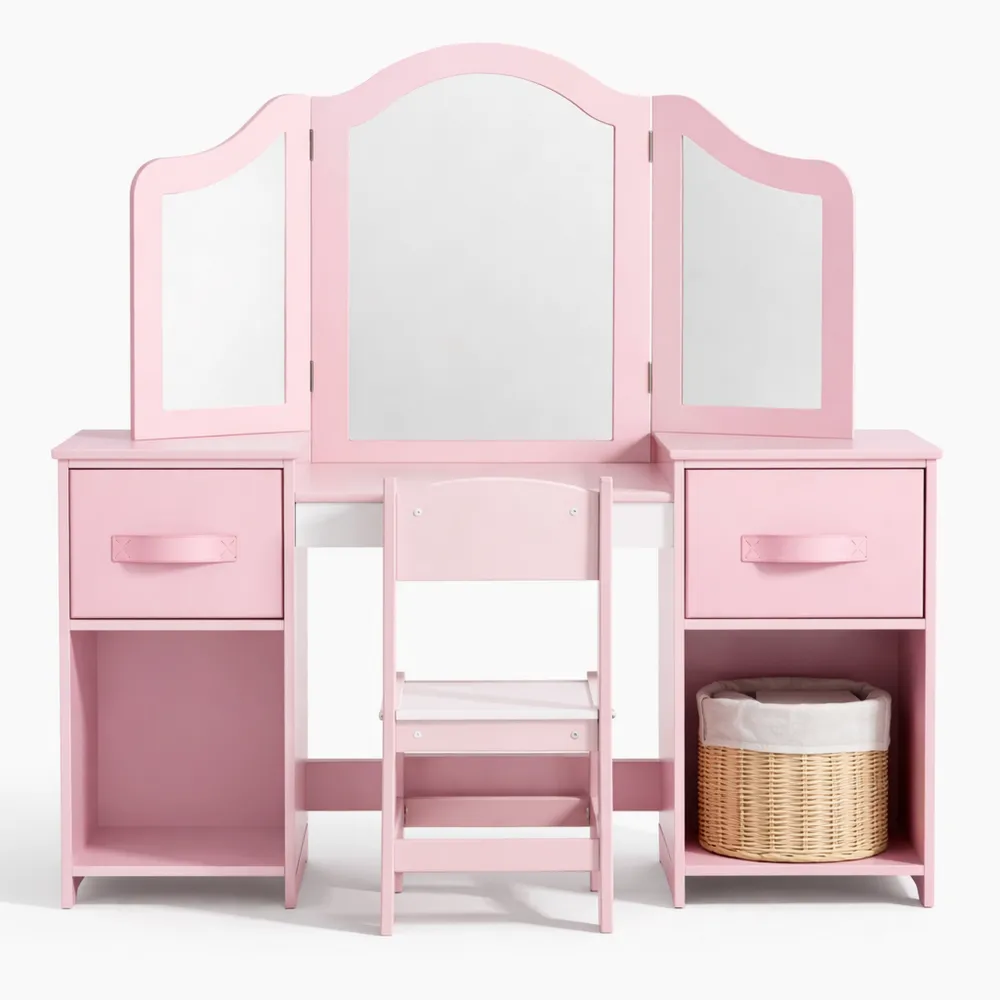 Toeletta per Bambini 2 in 1 con Specchio Rimovibile e Sgabello, Rosa-Bianco