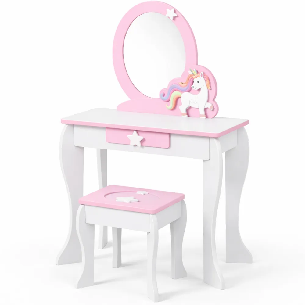 Toeletta per Bambini con Sgabello e Specchio Rimovibile