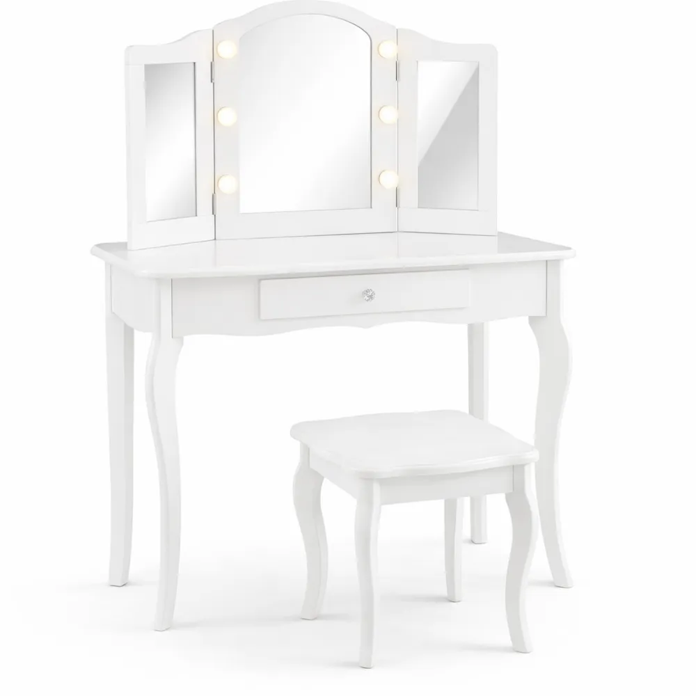 Toeletta per Bambini 2 in 1 con Sgabello, Specchio Triplo e Luci LED