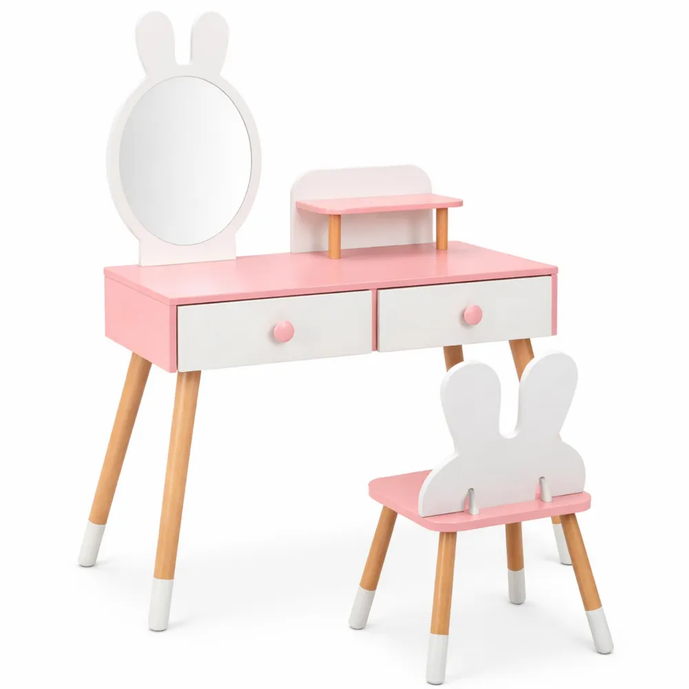 Tavolo da Toeletta per Bambini con Specchio e Sgabello, 2 Cassetti e Mensola