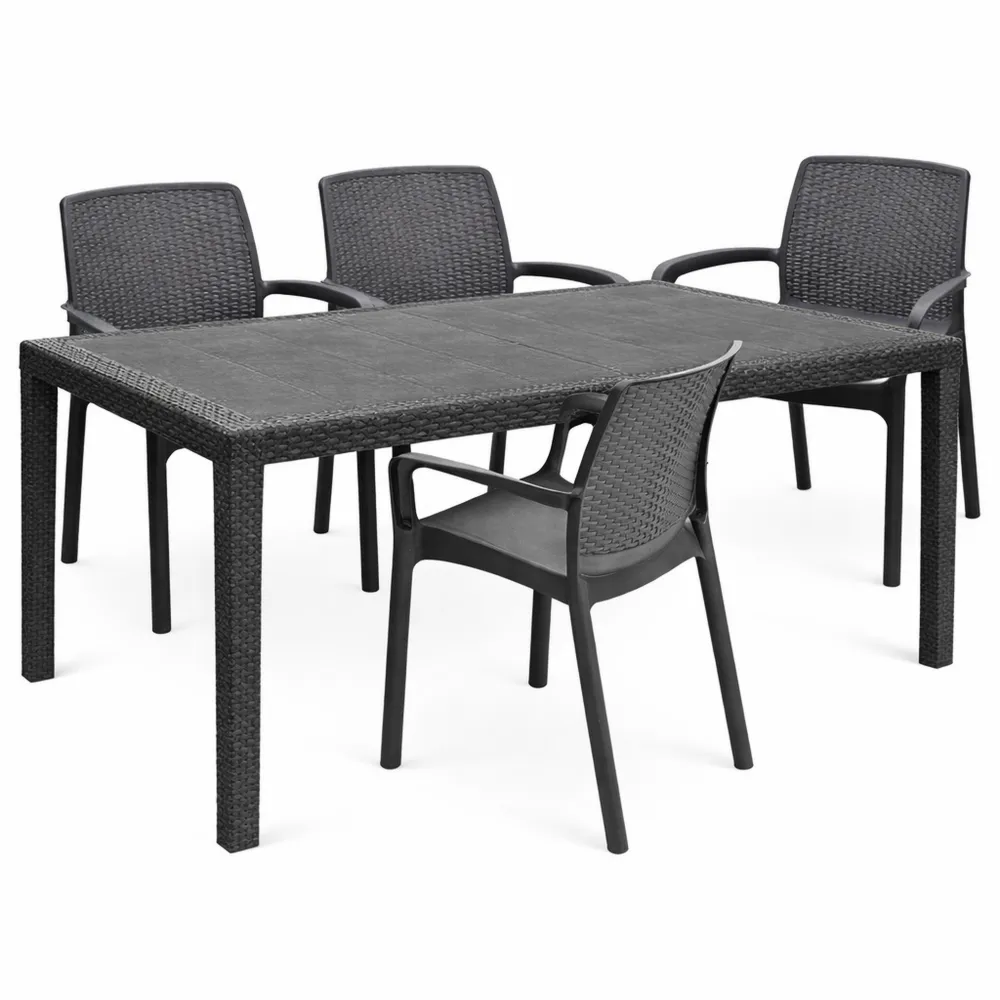 Set salotto da giardino con tavolo rettangolare e sedie impilabili