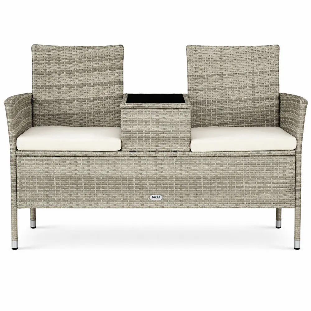 Panchina da Giardino in Polyrattan con Tavolo e Cuscini, 2 Posti Resistente agli Agenti Atmosferici