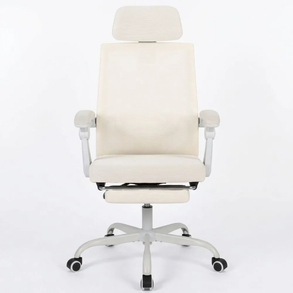 Ergonomischer Mesh-Bürostuhl mit Fußstütze und verstellbarer Kopfstütze, höhenverstellbar und neigbar bis 135°, atmungsaktiv, Beige-Urbcalm