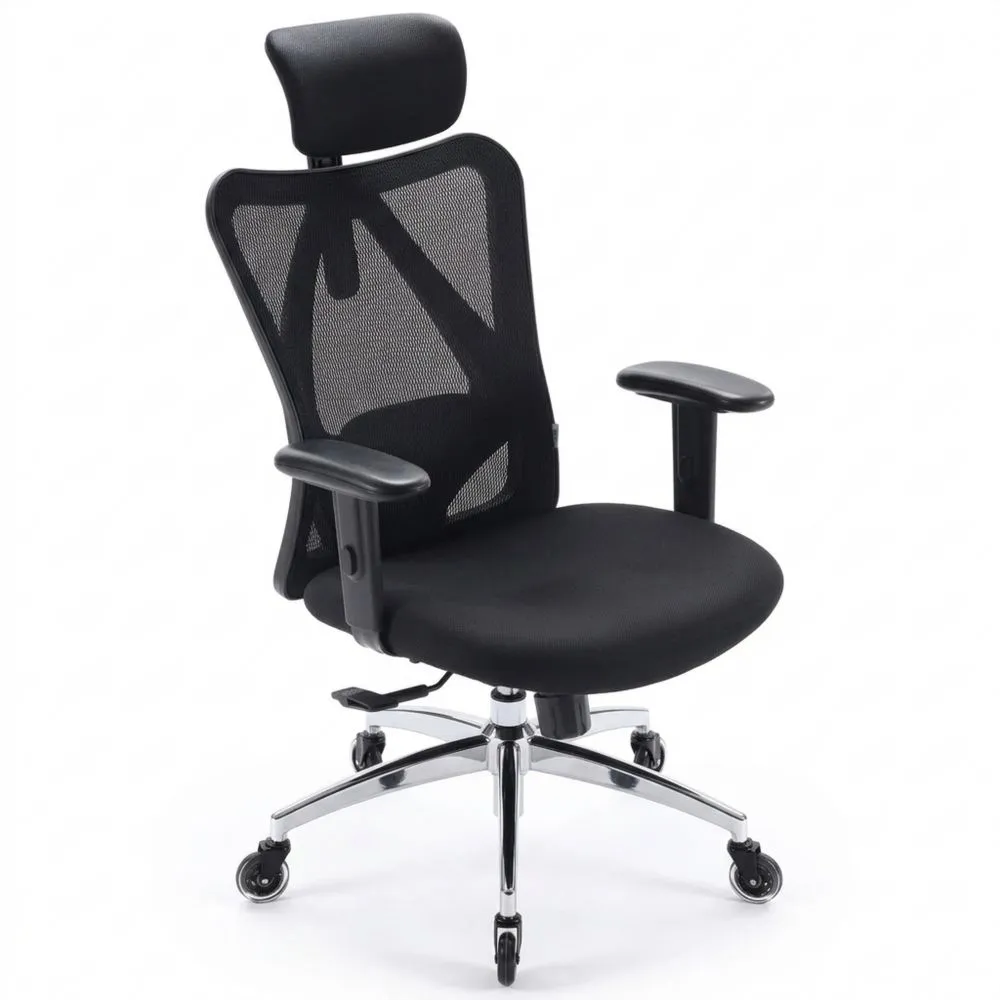 Ergonomischer Bürodrehstuhl mit verstellbarer Lordosenstütze, Kopfstütze und Armlehnen, höhenverstellbar und Wippfunktion, belastbar bis 150 kg-Urbcalm