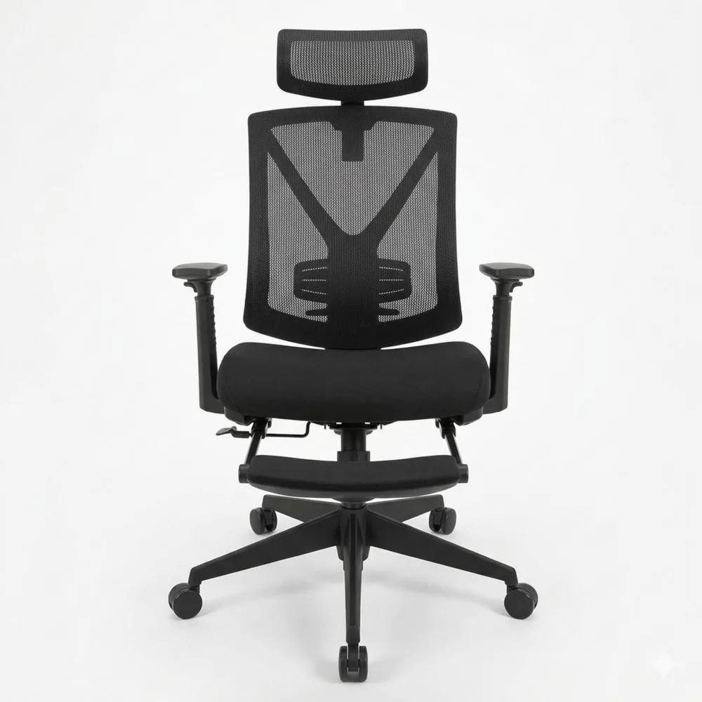 Ergonomischer Bürostuhl mit Fußstütze, Kopf- und Armlehnenverstellung, Lordosenstütze, höhenverstellbar und Wippfunktion, belastbar bis 150 kg, schwarz-Urbcalm