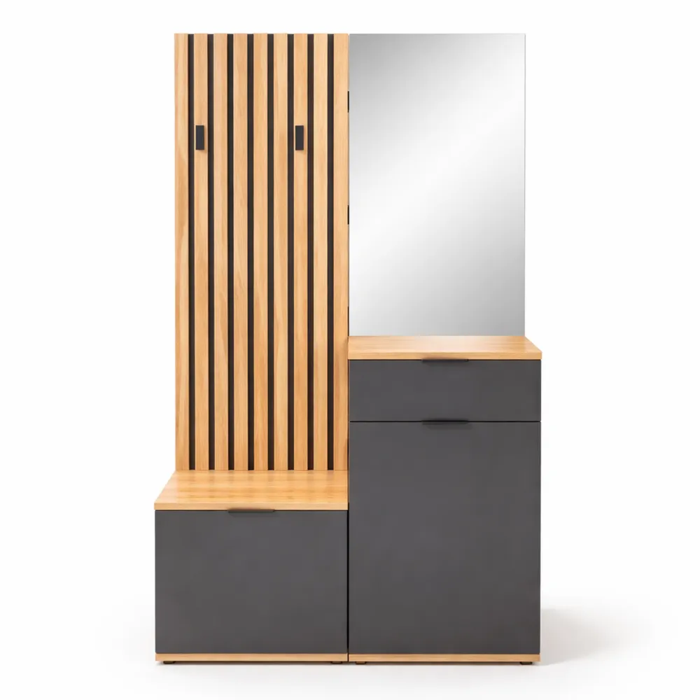 Guardaroba compatto in legno laminato con specchio e scarpiera