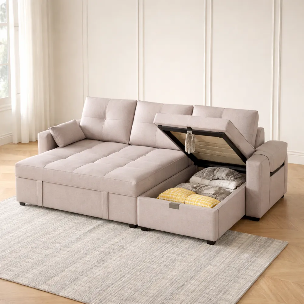 Divano angolare moderno a L con letto e portabicchieri, ideale per soggiorno e camera degli ospiti