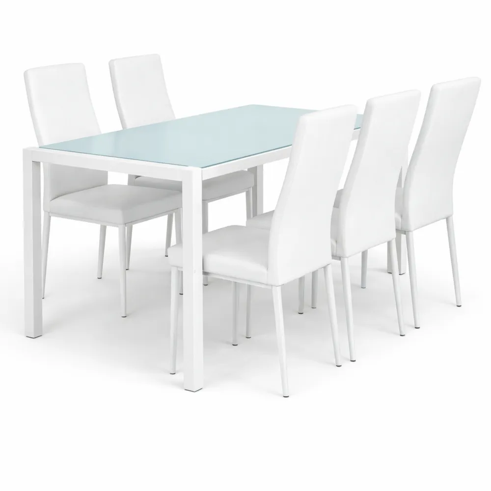 Set Tavolo e Sedie in Pelle Sintetica e Vetro Temperato Bianco