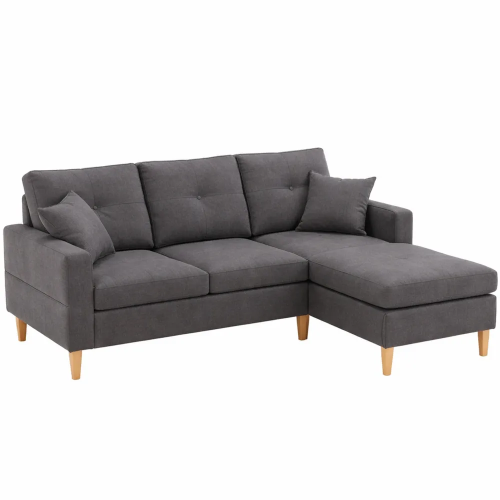 Divano ad angolo a L con contenitore e chaise longue, 175 cm, grigio con portabicchieri e cuscini