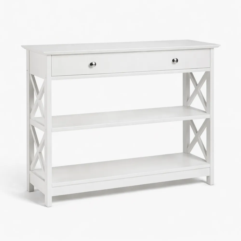 Tavolo da Console Vintage con Ripiani e Cassetti per Soggiorno e Ingresso, Bianco, 80 x 30 x 80 cm