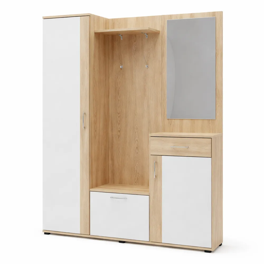 Armadio da ingresso in legno laminato con specchio, disponibile in tre colori