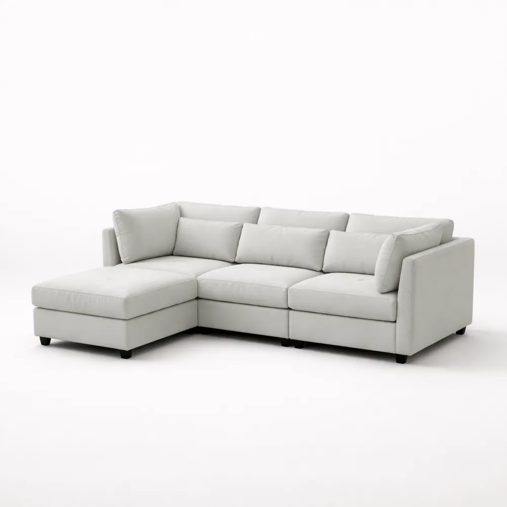 Divano moderno a L, tre posti, colore beige, 220x83x81cm