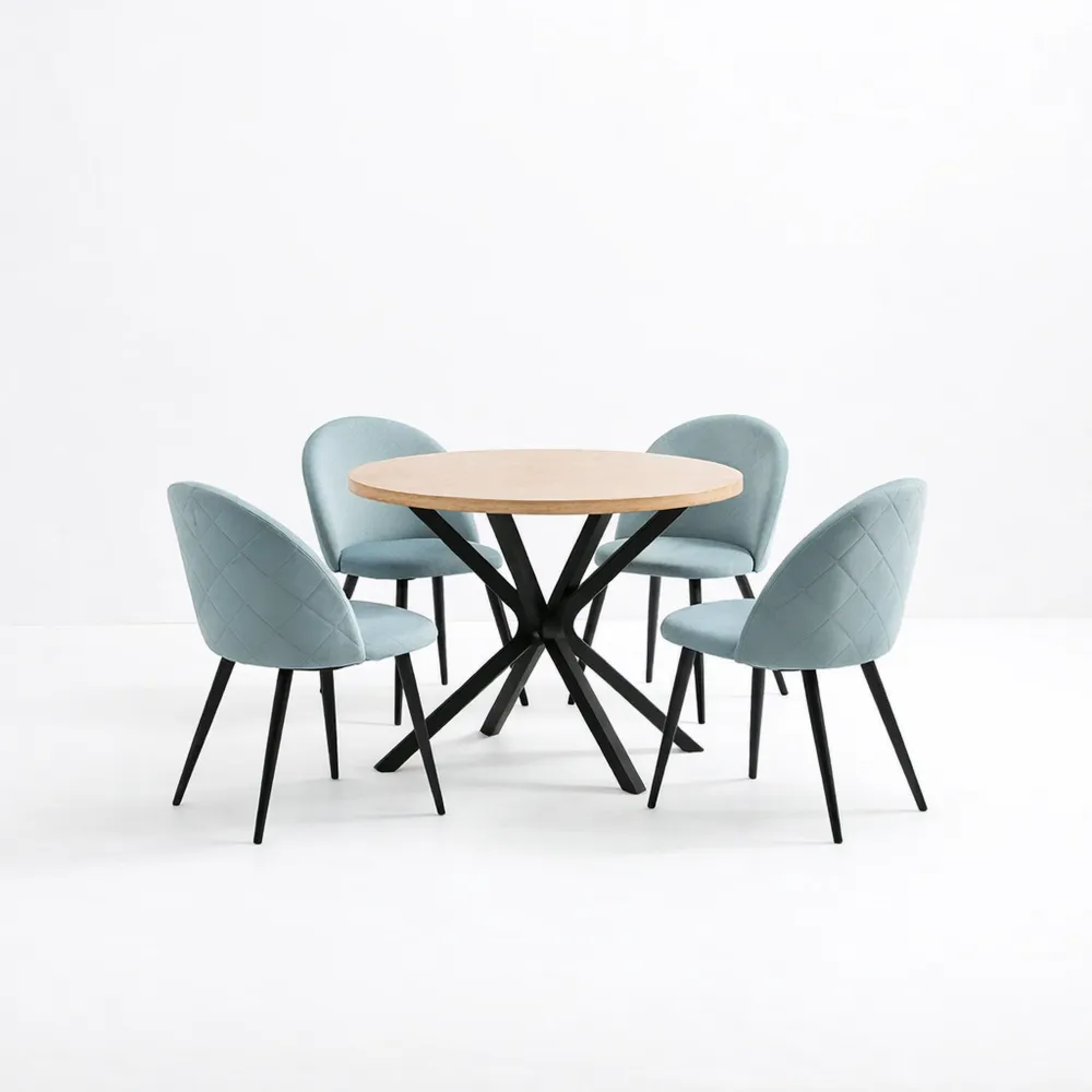 Set Tavolo Rotondo 100 cm con 4 Sedie in Velluto Nordico, Ideale per Soggiorno e Cucina, Venatura Chiara e Verde