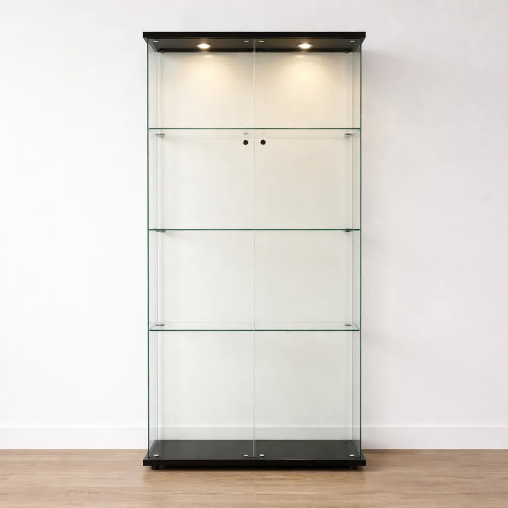 Vetrina moderna in vetro nero con LED e ripiani multipli