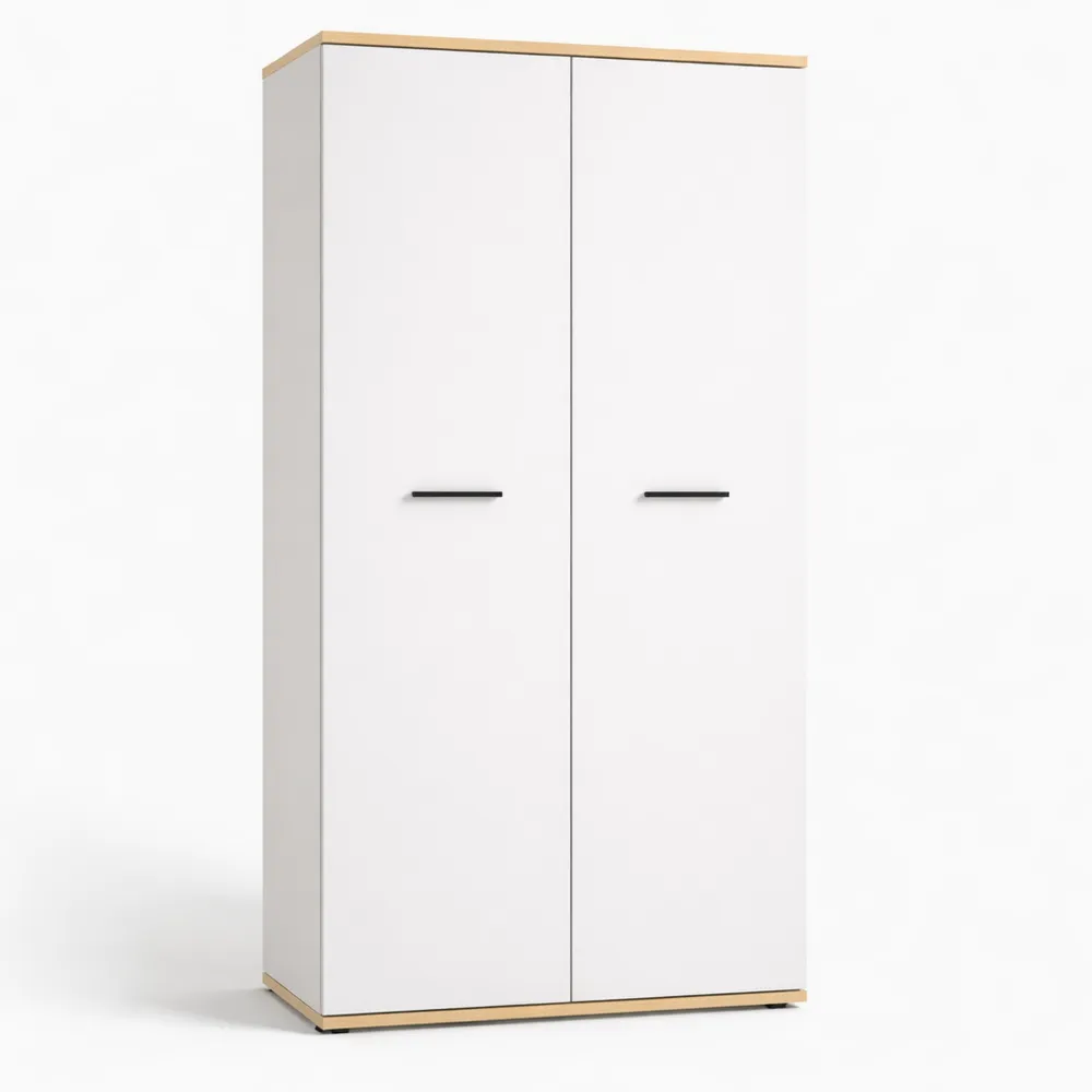 Scarpiera in legno bianco e quercia con 8 ripiani e 2 cassetti, dimensioni 90x195x38 cm