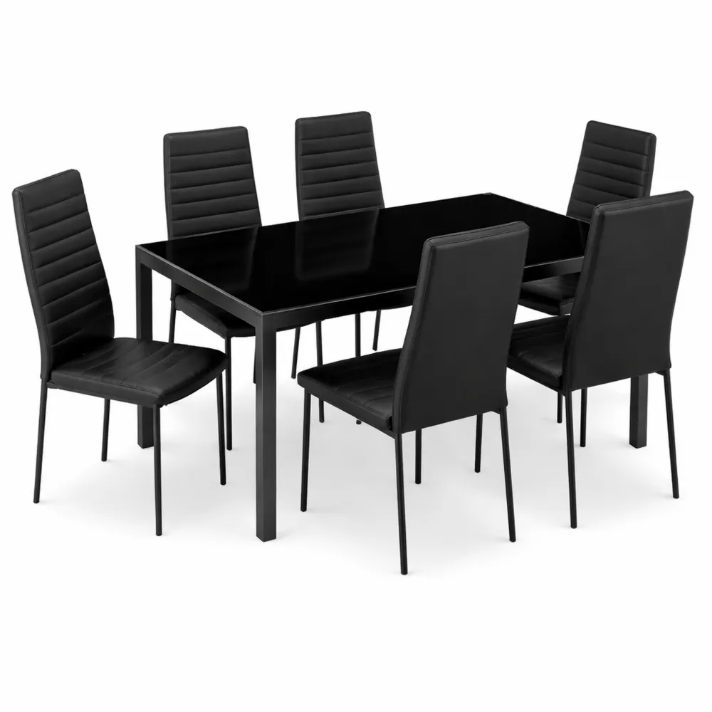 Set Mobili Pranzo con 6 Sedie in Similpelle e Tavolo in Vetro