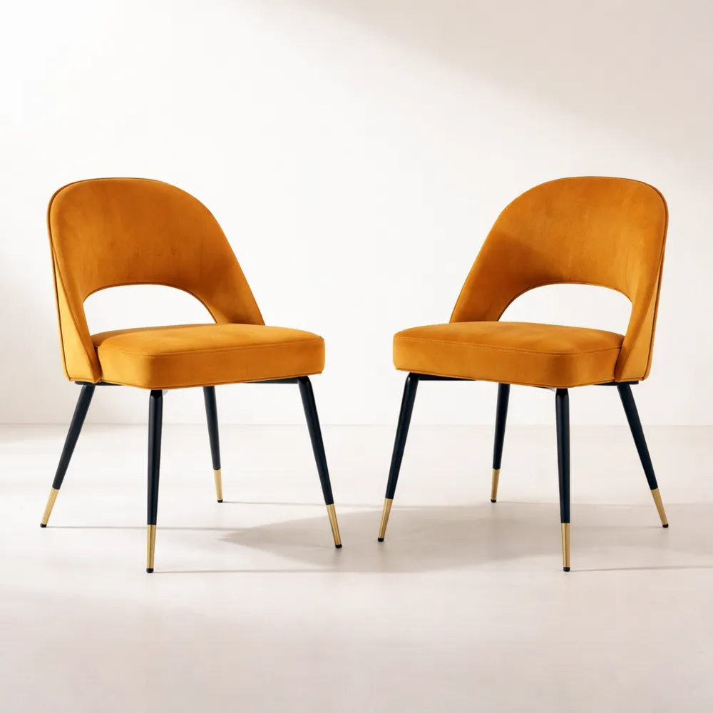 Set 2 Sedie Pranzo Velluto con Gambe Metallo e Schienale Imbottito, Giallo