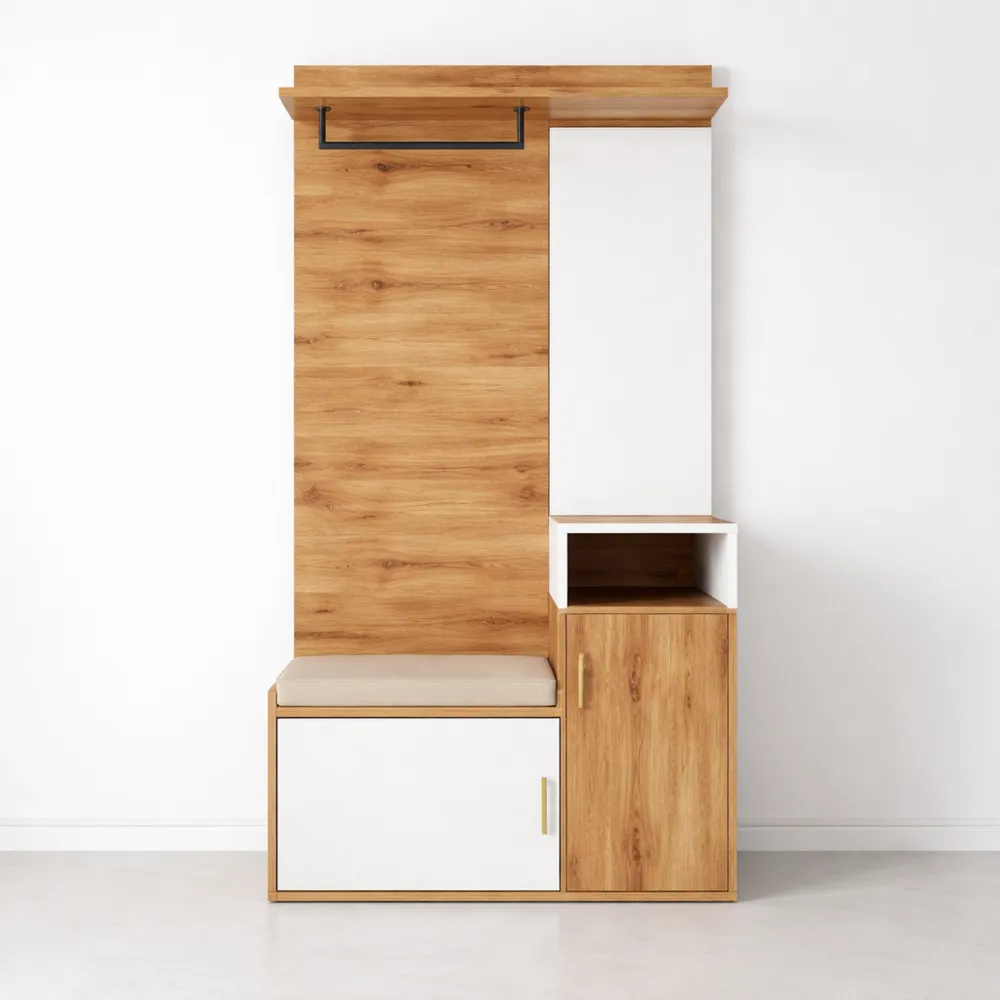 Set ingresso con specchio, scarpiera, panca e ganci appendiabiti (Marrone e Bianco)