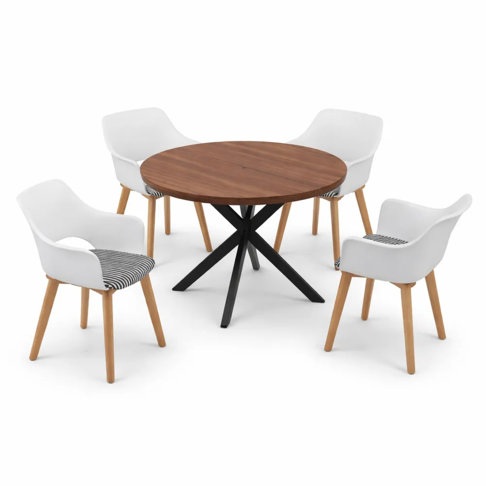 Set Tavolo da Pranzo Rotondo con Sedie Imbottite in Legno Scuro e Bianco