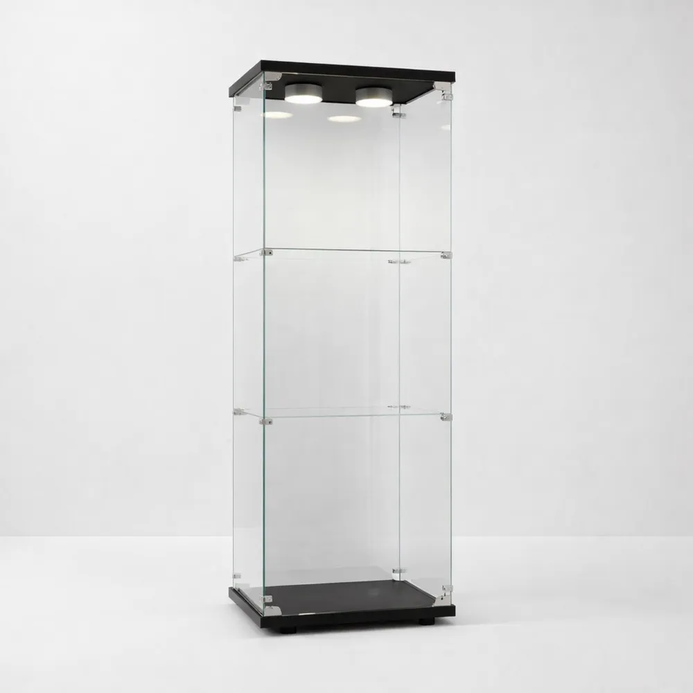 Vetrina moderna in vetro con 3 ripiani, ante e serratura, illuminazione LED, per soggiorno e sala da pranzo, 42x36x125 cm, nero