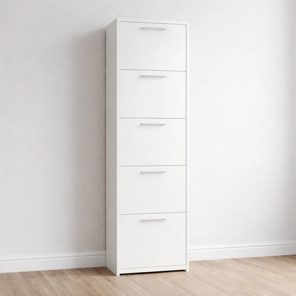 Scarpiera moderna a 5 ante, armadio multiuso da ingresso, ripiani interni, colore bianco