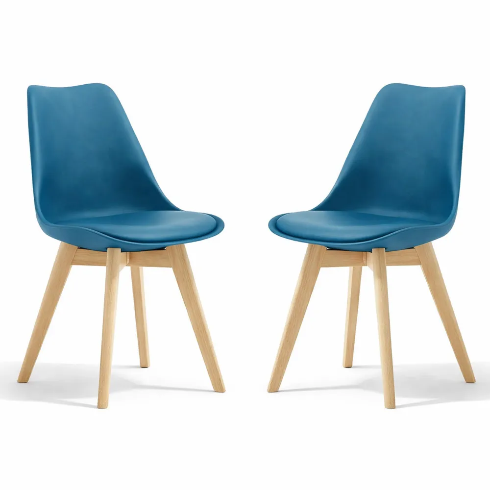 Set di 2 sedie ergonomiche in similpelle con gambe in legno di faggio, seduta imbottita per sala da pranzo o ufficio - Turchese