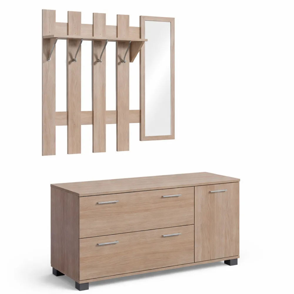 Set arredo ingresso con specchio e scarpiera in stile quercia