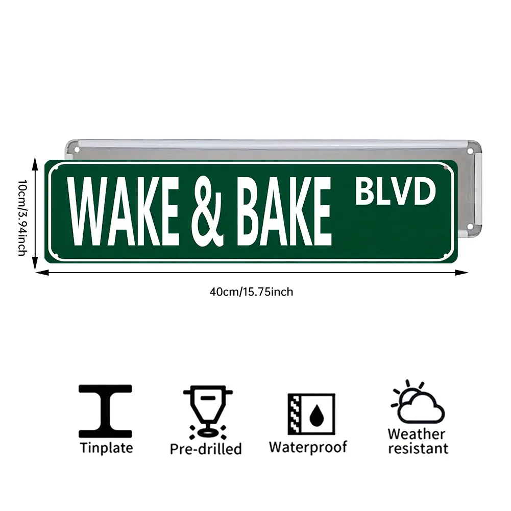 Wake & Bake Blvd Metal Tin Sign (16 x 4 Inch) &ndash; Funny Vintage Weed Marijuana Wall Art Decor, Slim Street Sign for Home Bar Cafe Garage Indoor/Outdoor, Humorous Gift for Mother&rsquo;s Day, Father&rsquo;s Day, Graduation, 4th of July, Vintage Metal Tin Sign