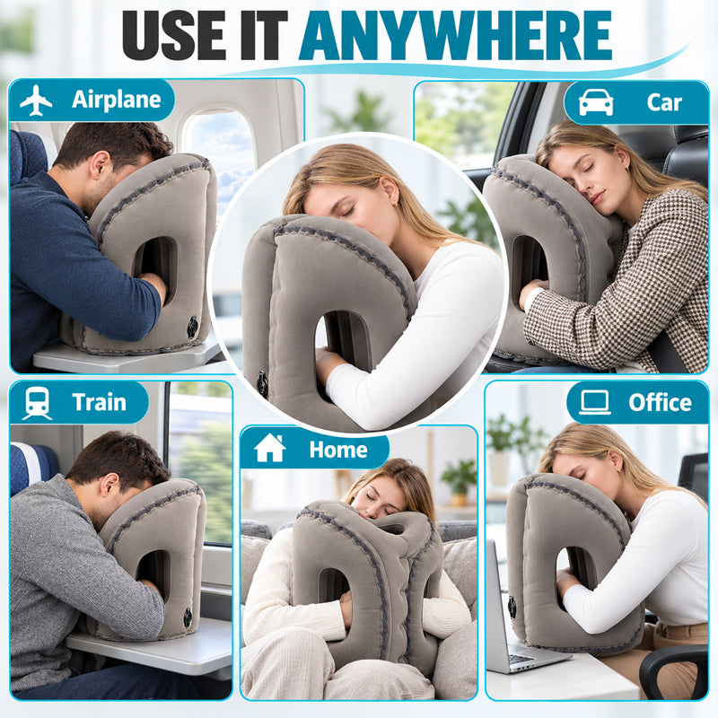 Portable inflatable airplane sleep pillow for long flights