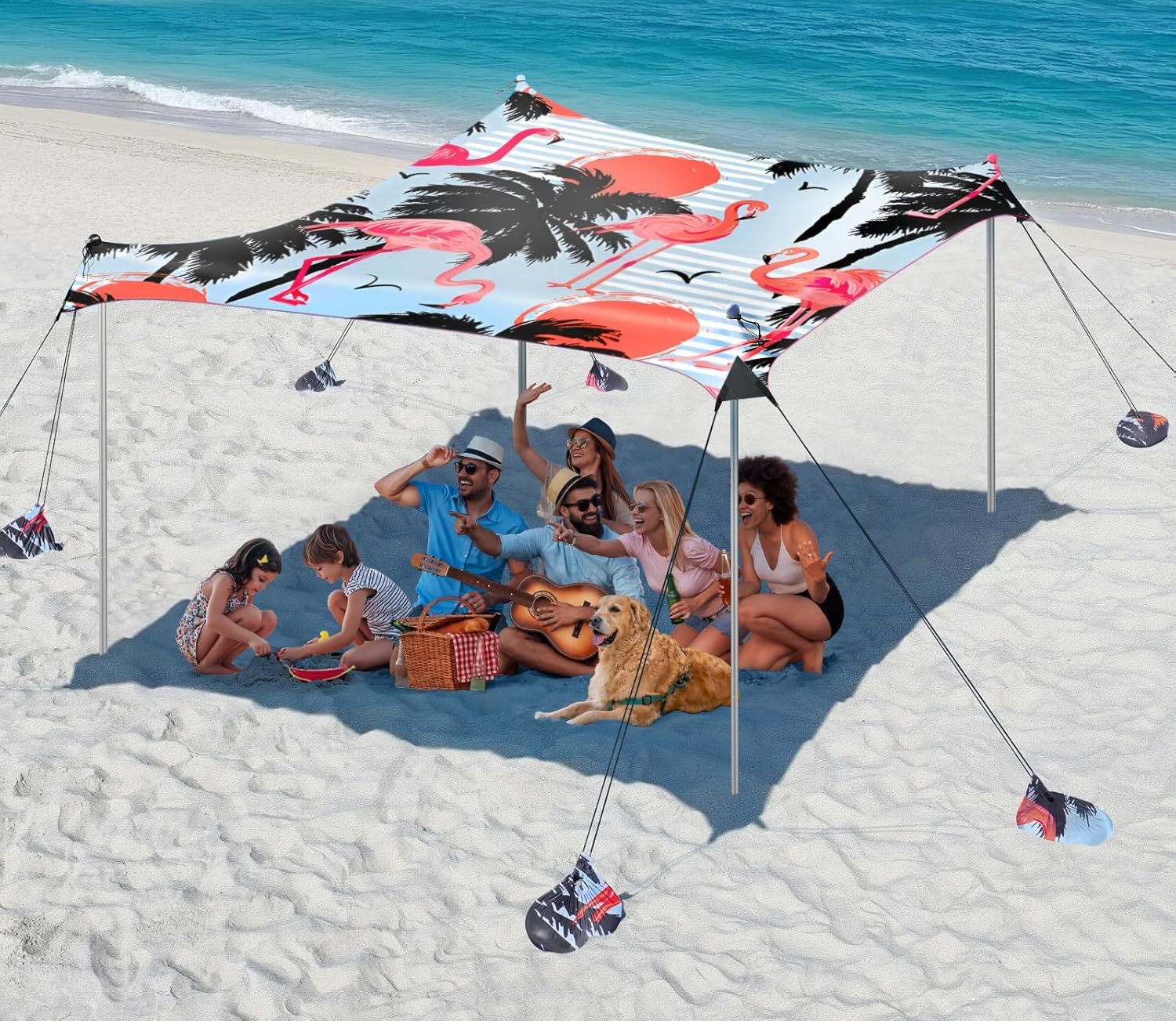 Tente de plage Rhino Valley - 3 m par 3 m - UPF 50 plus - 8 sacs de sable - 4 poteaux - flamant-Lamiahaven