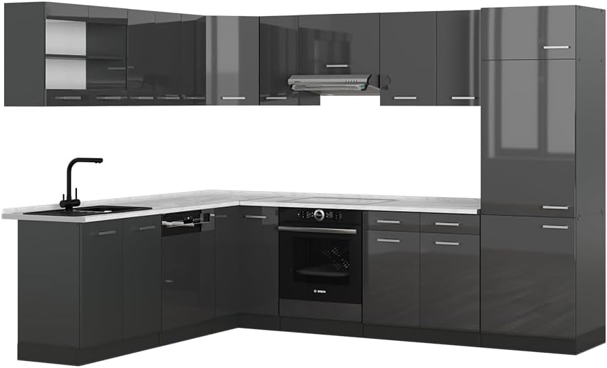 Vicco R Line - cuisine en angle anthracite brillant 227 par 287 cm - plan marbre pieds réglables-Lamiahaven