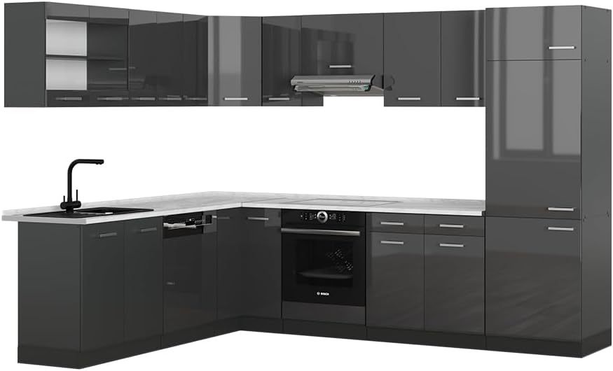 Vicco R Line - cuisine en angle anthracite brillant 227 par 287 cm - plan marbre pieds réglables-Lamiahaven