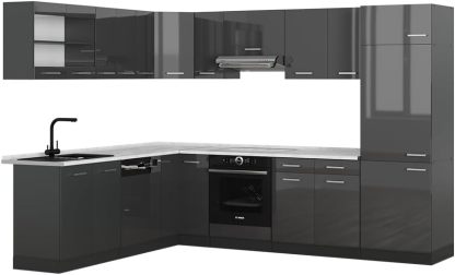 Vicco R Line - cuisine en angle anthracite brillant 227 par 287 cm - plan marbre pieds réglables-Lamiahaven
