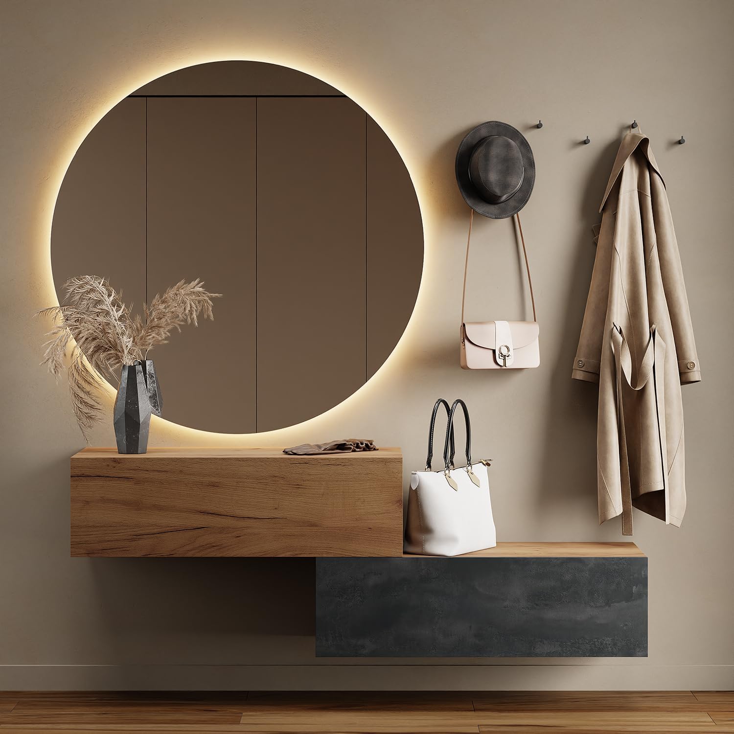 Planetmöbel lot de 2 meubles muraux chêne doré noir charbon - rangement compact avec rabat à suspendre ou poser-Lamiahaven